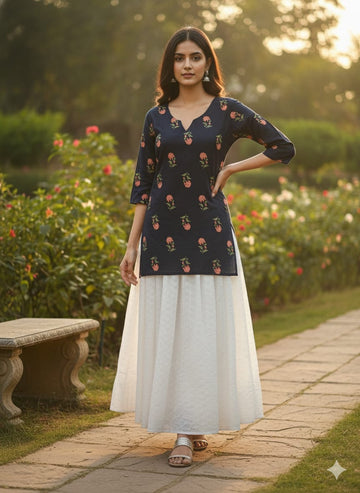 Women’s Red Floral Printed Cotton Black Kurta with Chikankari Flared Skirt Set