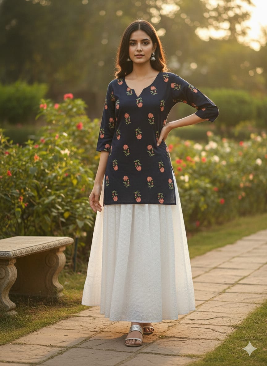 Women’s Red Floral Printed Cotton Black Kurta with Chikankari Flared Skirt Set