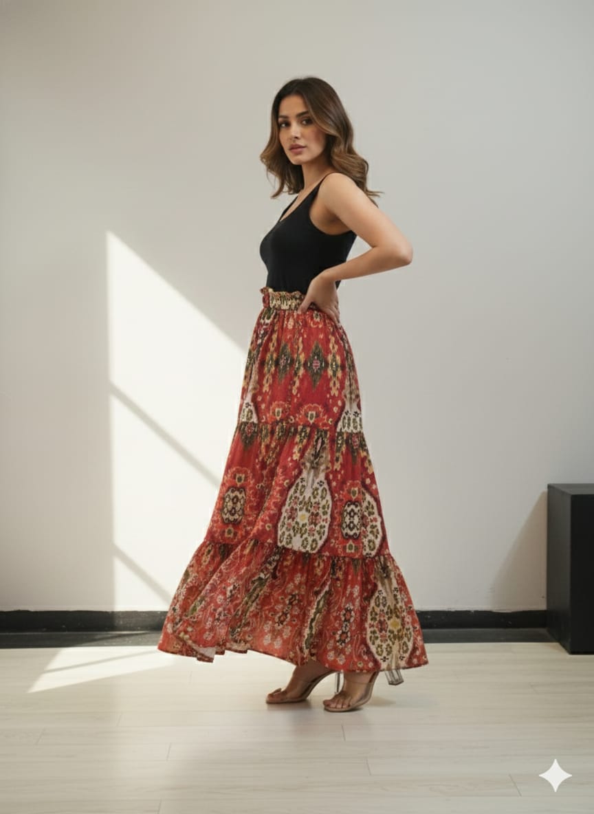 Women’s Red Ikkat Printed Cotton Tiered Skirt