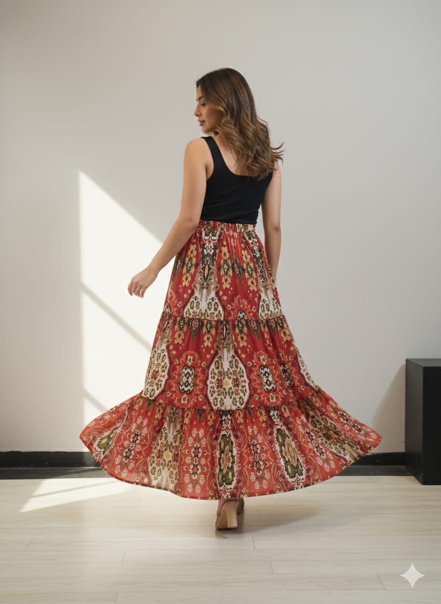Women’s Red Ikkat Printed Cotton Tiered Skirt