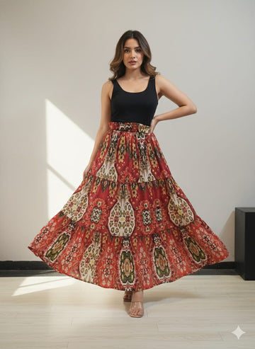 Women’s Red Ikkat Printed Cotton Tiered Skirt
