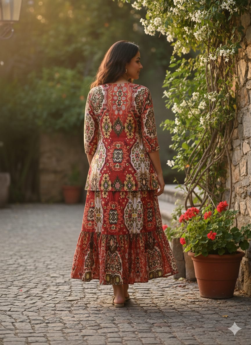 Women’s Red Ikat Print Cotton Kurta with Flared Skirt