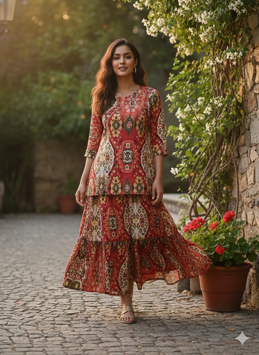 Women’s Red Ikat Print Cotton Kurta with Flared Skirt