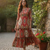 Women’s Red Ikat Print Cotton Kurta with Flared Skirt