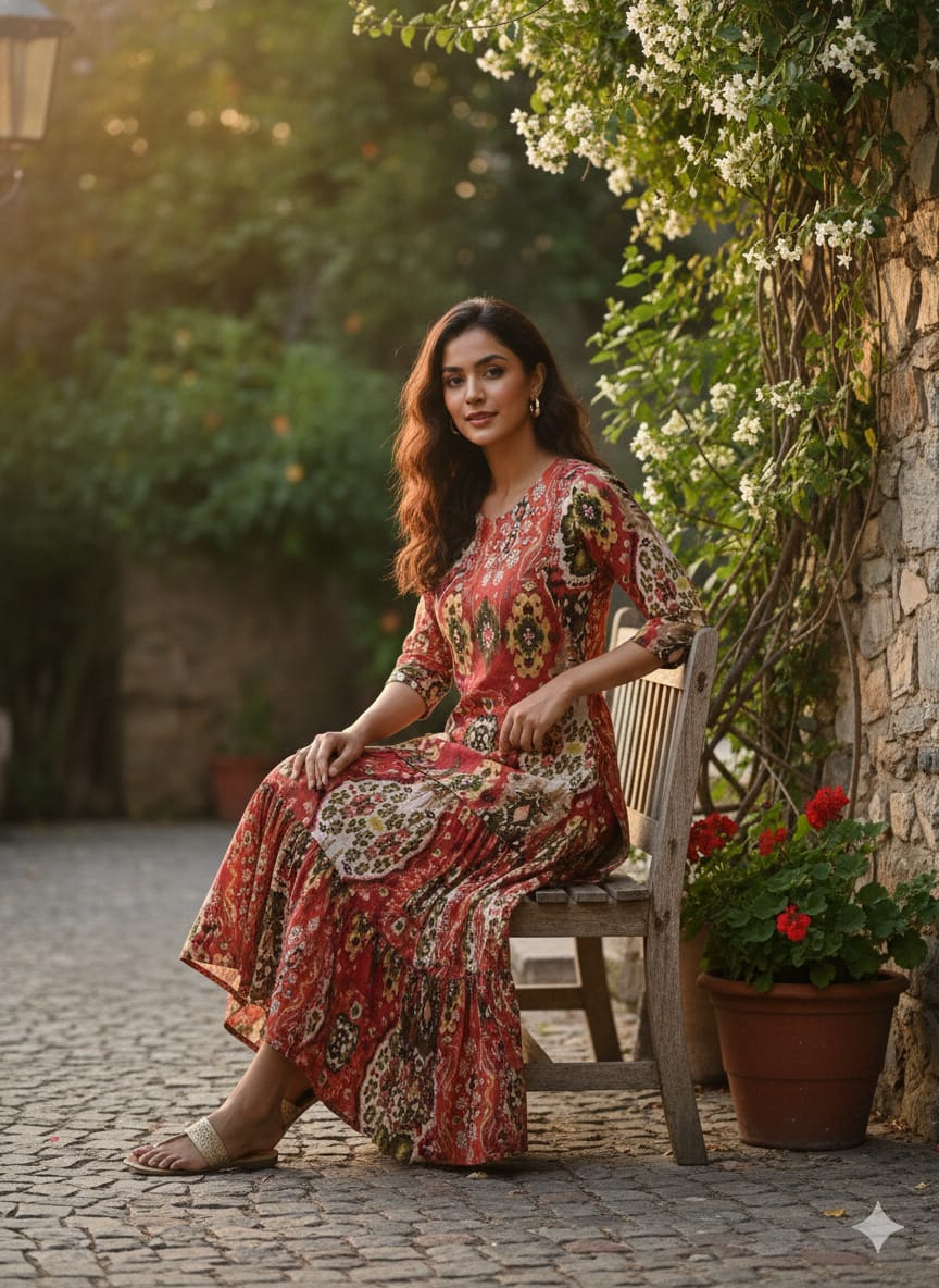 Women’s Red Ikat Print Cotton Kurta with Flared Skirt