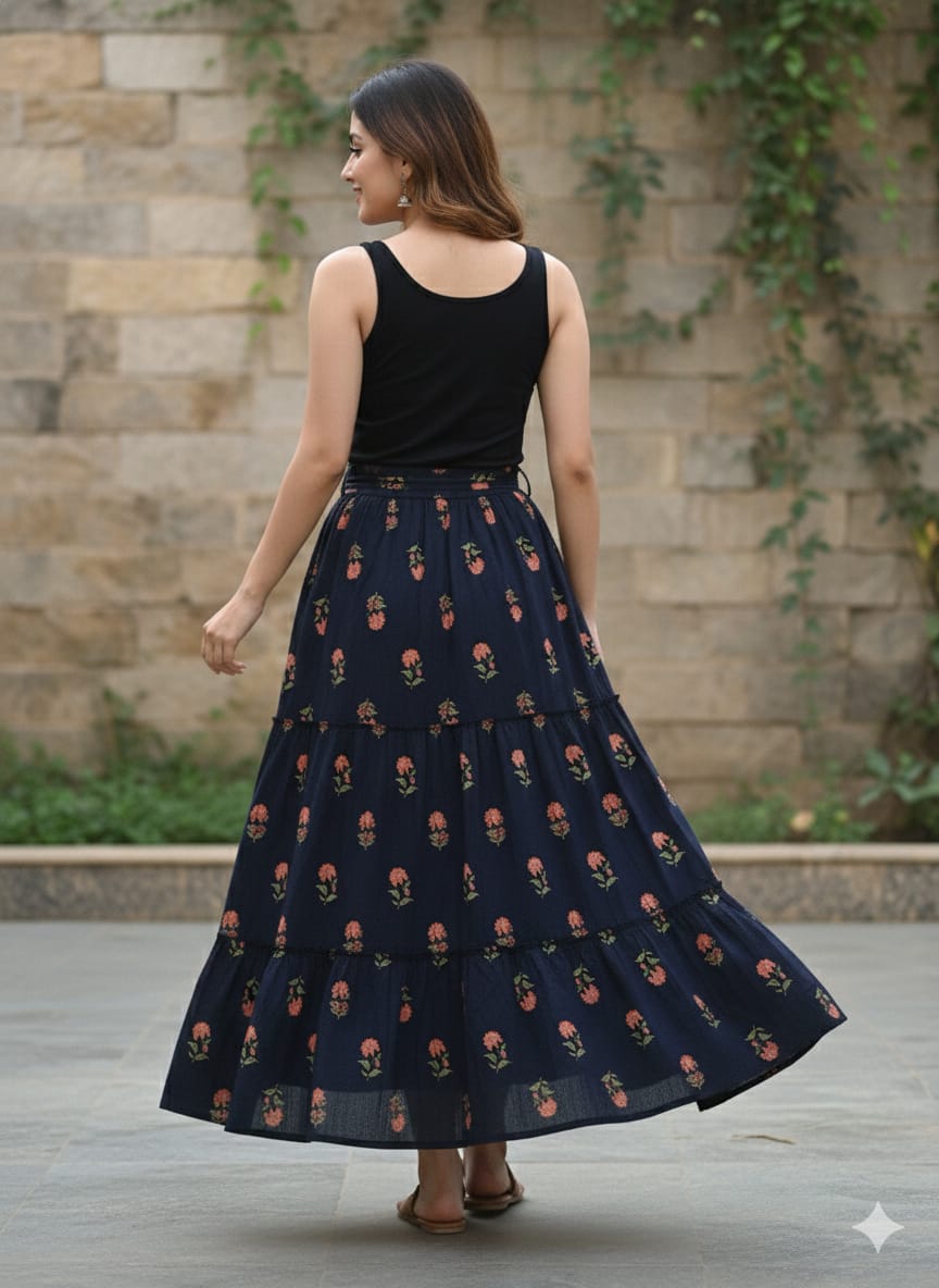 Women’s Red Rose Floral Printed Cotton Tiered Skirt