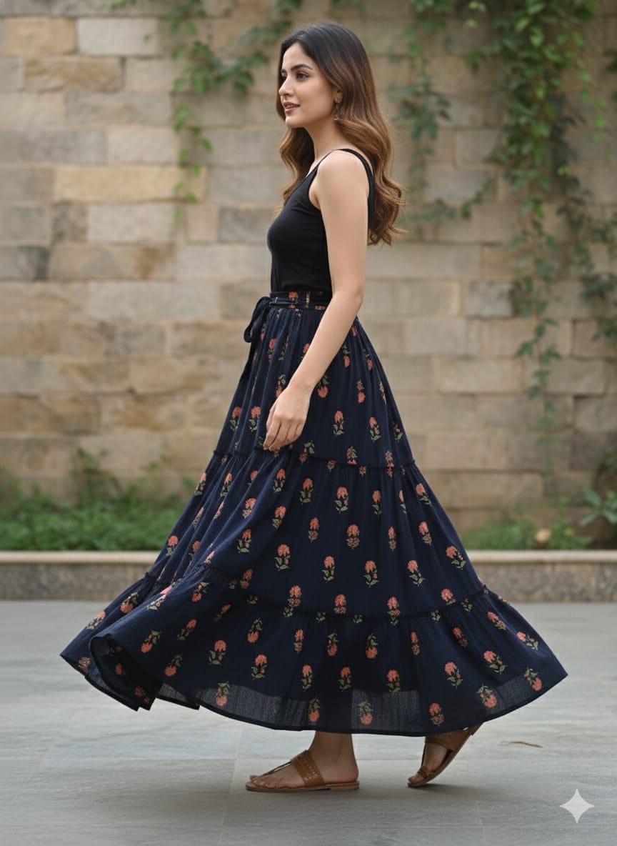 Women’s Red Rose Floral Printed Cotton Tiered Skirt