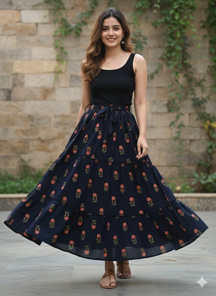 Women’s Red Rose Floral Printed Cotton Tiered Skirt