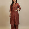 Women’s Red Floral Printed Chanderi Kurta Set with Straight Pants