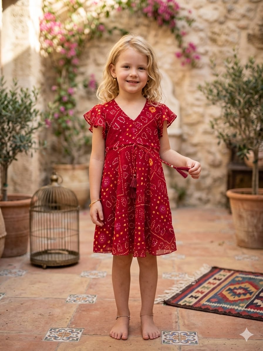 Baby Girls Red Bandhej Printed Georgette Umbrella Style A-Line Dress with Flutter Sleeves