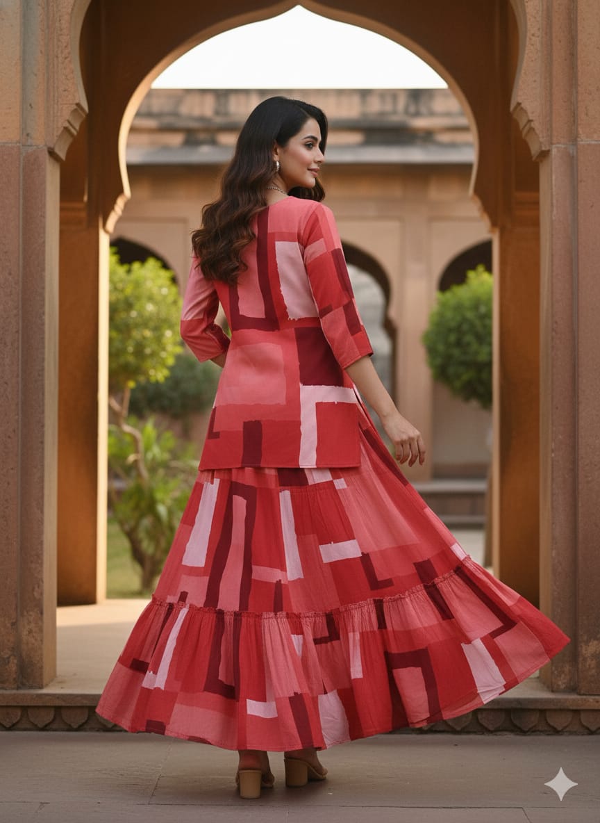 Women’s Red Box Abstract Printed Rayon Kurta with Flared Skirt Set