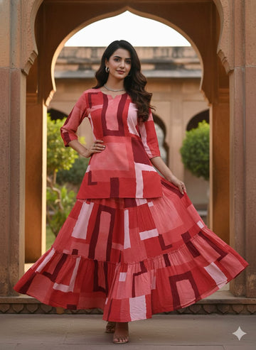 Women’s Red Box Abstract Printed Rayon Kurta with Flared Skirt Set