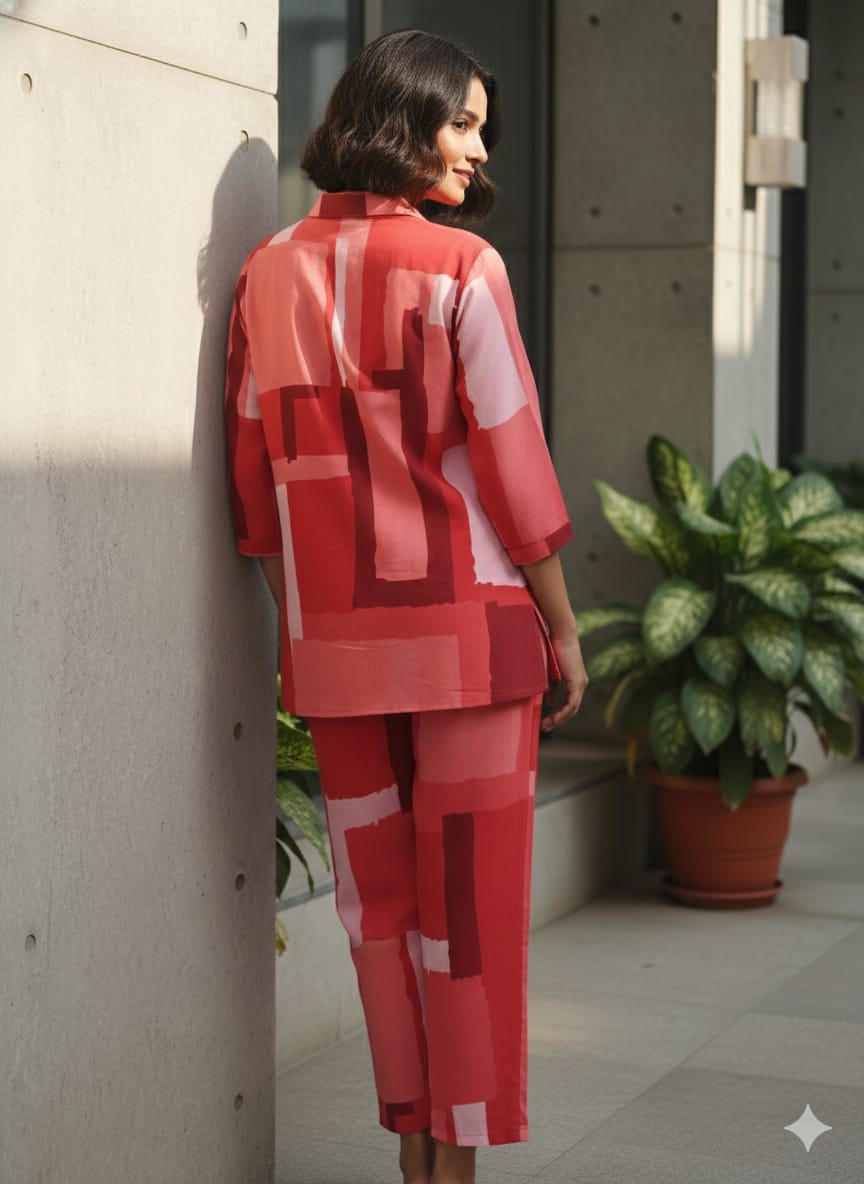 Women’s Red Abstract Box Printed Rayon Shirt & Pant Co-Ord Set