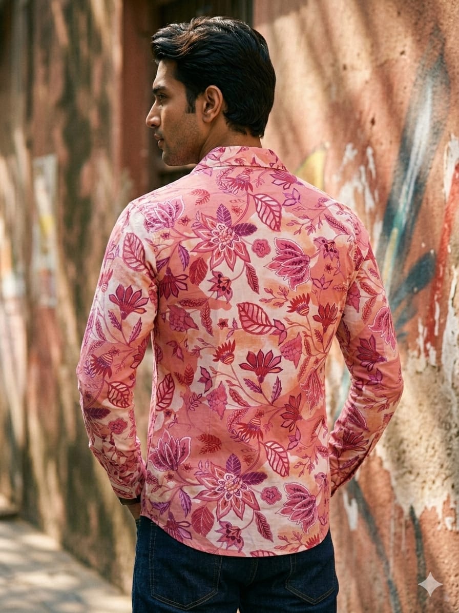 Men’s Cotton Pink Botanical Printed Long Sleeve Shirt For Summer Beach and Vacation