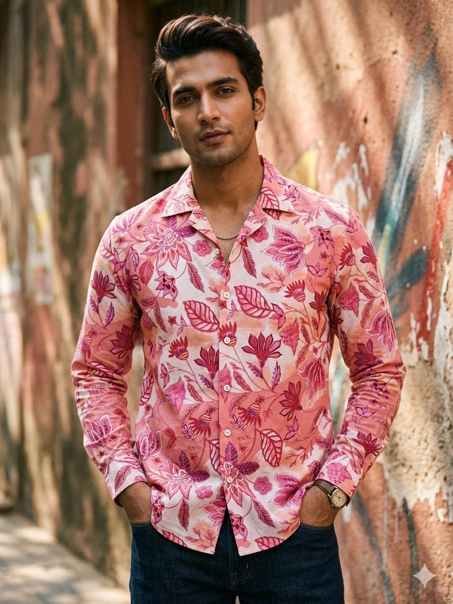 Men’s Cotton Pink Botanical Printed Long Sleeve Shirt For Summer Beach and Vacation