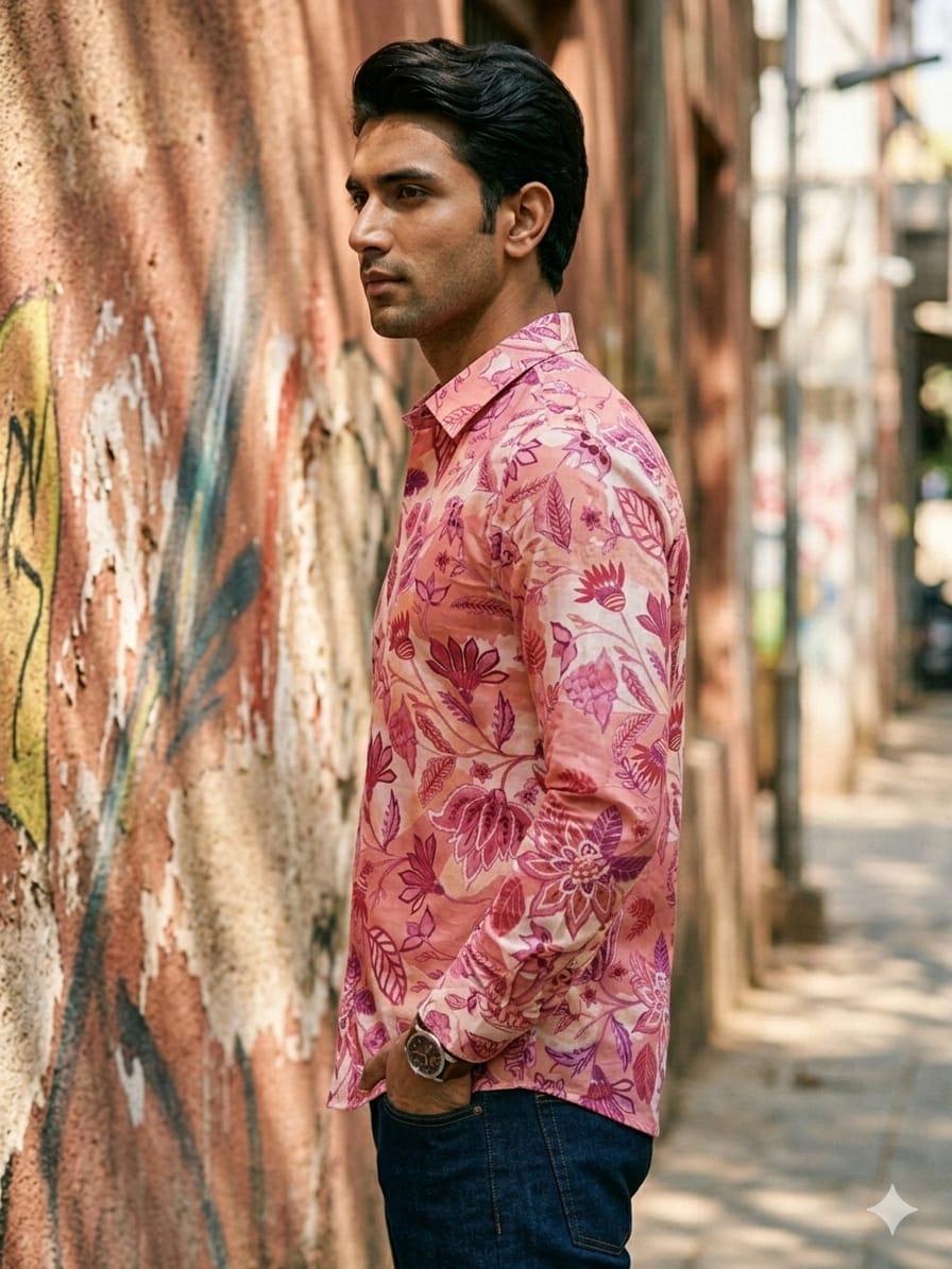 Men’s Cotton Pink Botanical Printed Long Sleeve Shirt For Summer Beach and Vacation