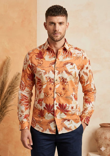Men’s Cotton Orange Floral Printed Long Sleeve Shirt For Summer Beach and Vacation