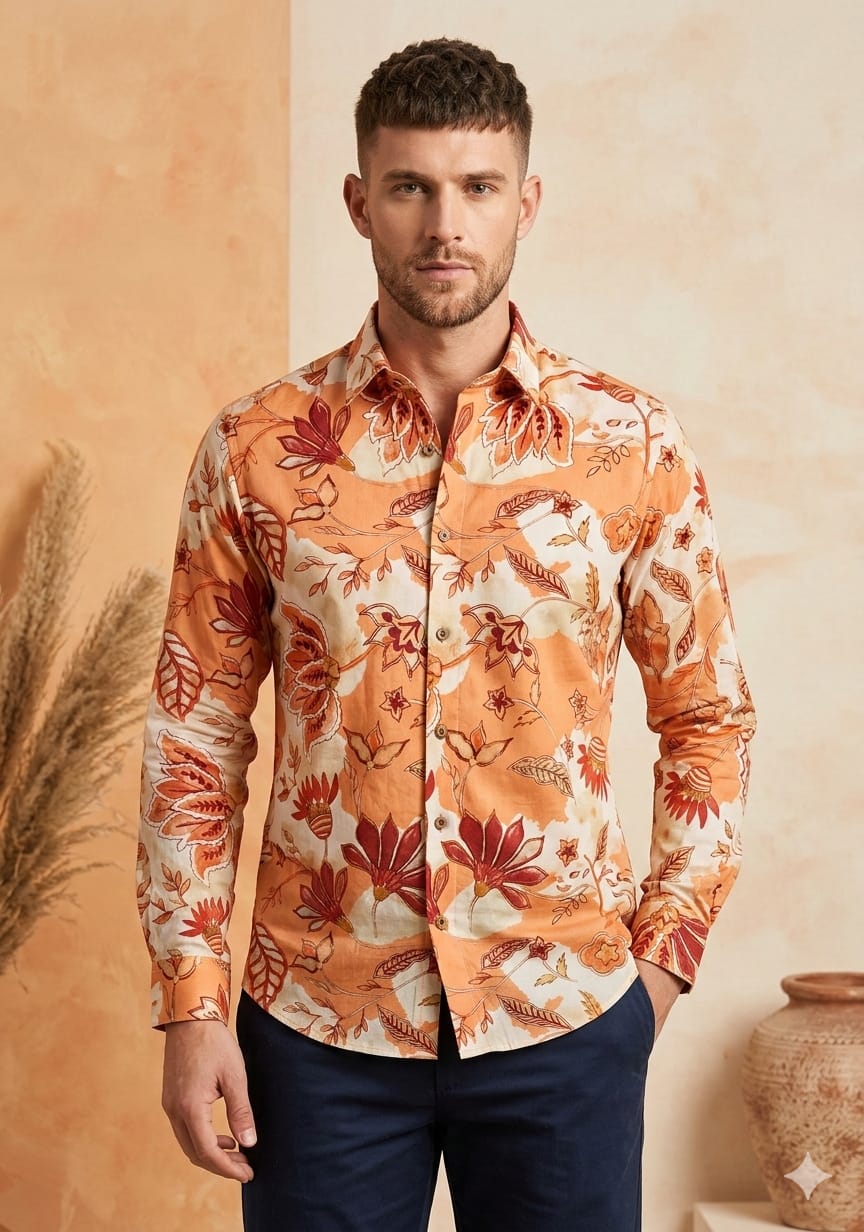 Men’s Cotton Orange Floral Printed Long Sleeve Shirt For Summer Beach and Vacation