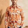 Men’s Cotton Orange Floral Printed Long Sleeve Shirt For Summer Beach and Vacation