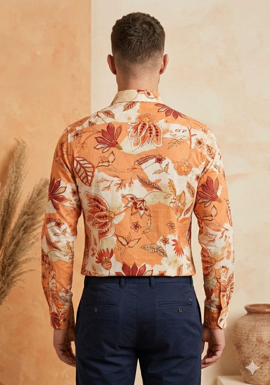 Men’s Cotton Orange Floral Printed Long Sleeve Shirt For Summer Beach and Vacation
