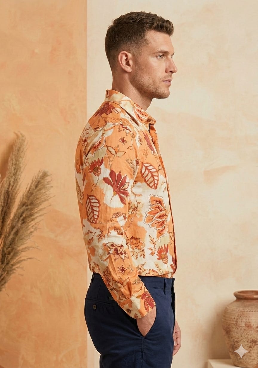 Men’s Cotton Orange Floral Printed Long Sleeve Shirt For Summer Beach and Vacation
