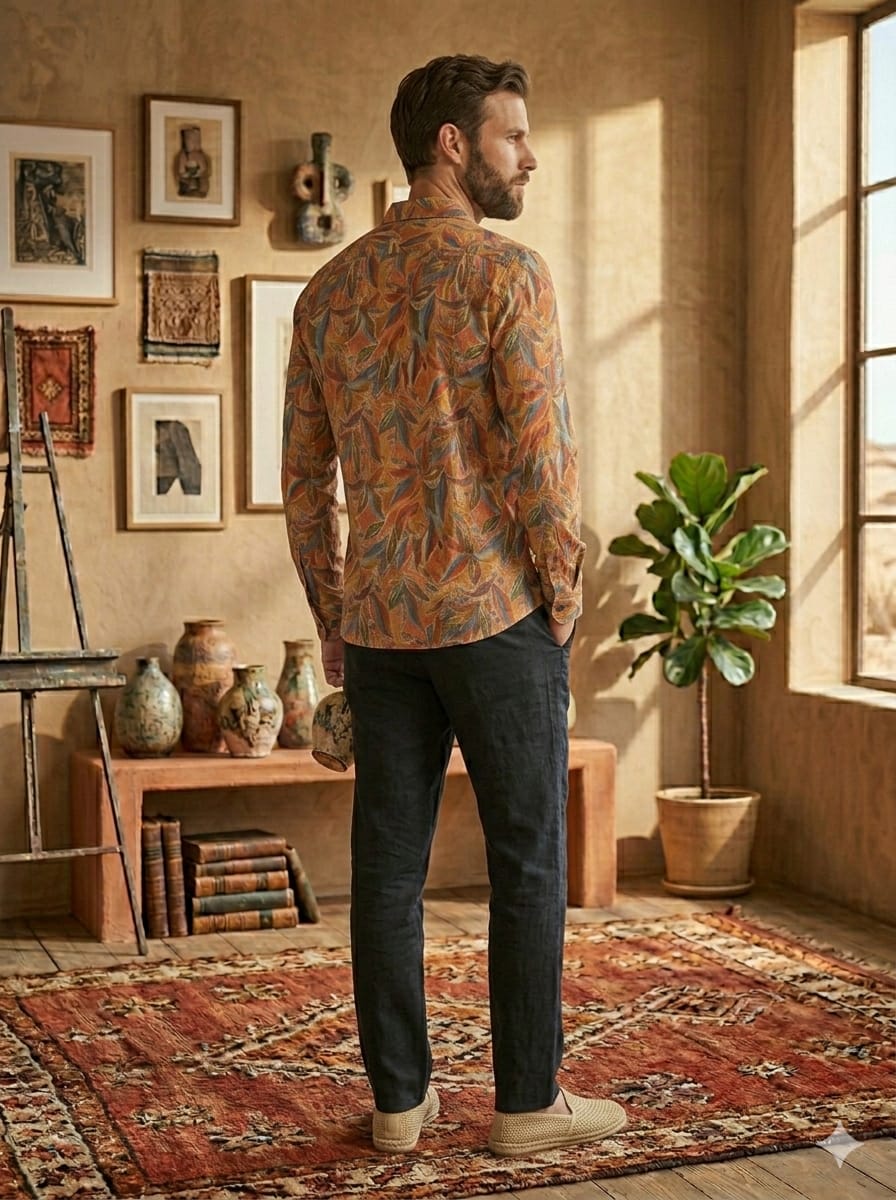 Men’s Cotton Abstract Foliage Leaf Printed Long Sleeve Shirt For Summer Beach and Vacation