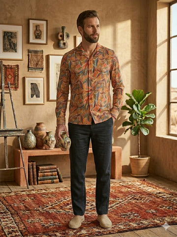 Men’s Cotton Abstract Foliage Leaf Printed Long Sleeve Shirt For Summer Beach and Vacation