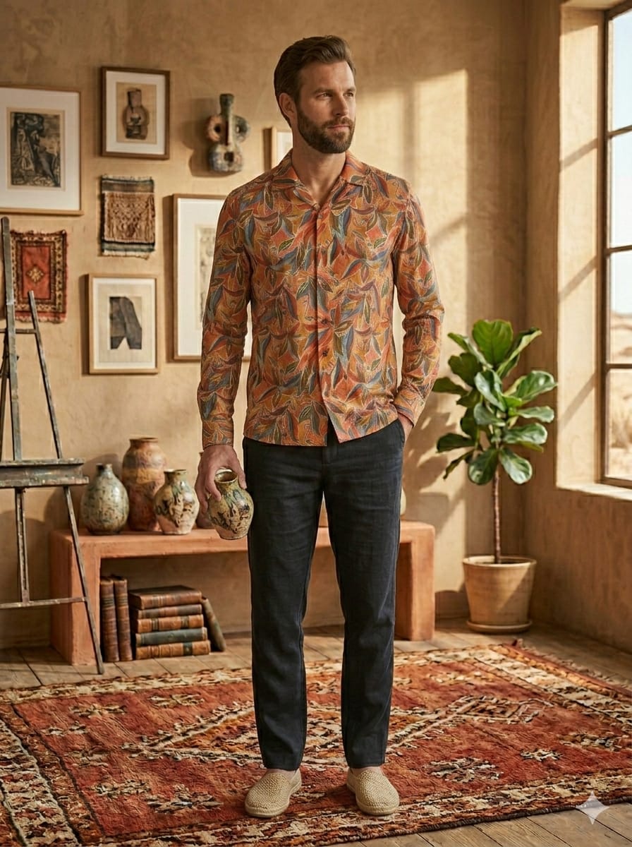 Men’s Cotton Abstract Foliage Leaf Printed Long Sleeve Shirt For Summer Beach and Vacation