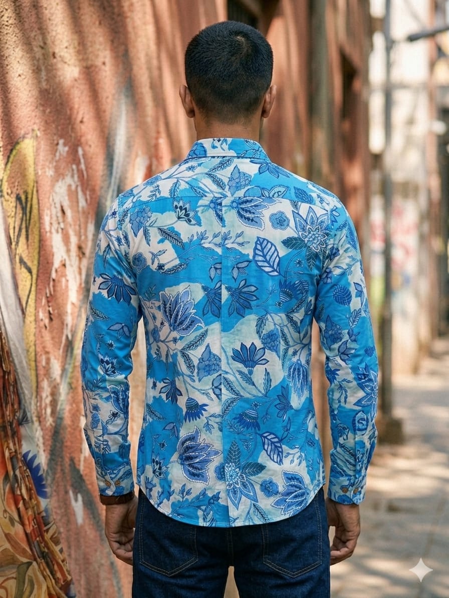 Men’s Cotton Blue Modern Chintz Printed Long Sleeve Shirt For Summer Beach and Vacation