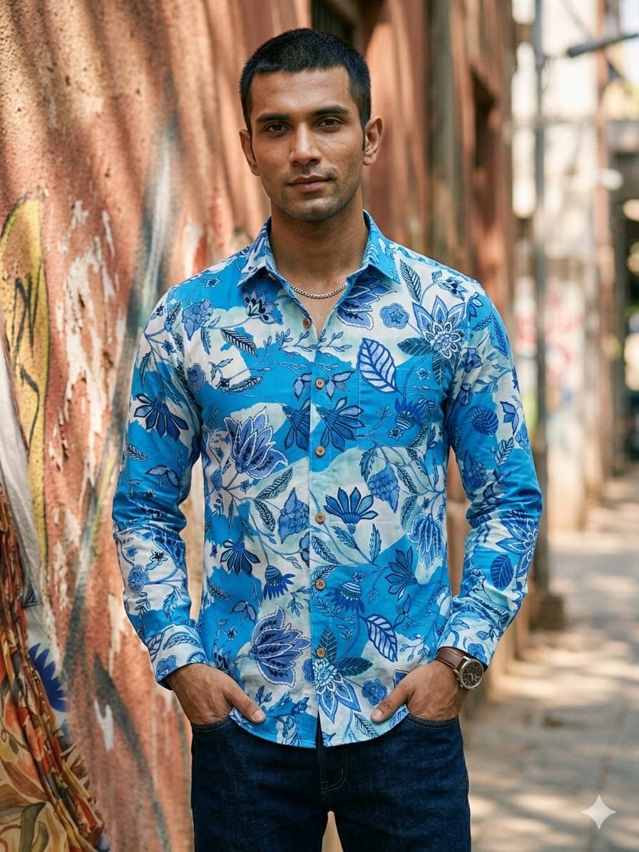 Men’s Cotton Blue Modern Chintz Printed Long Sleeve Shirt For Summer Beach and Vacation