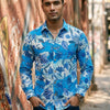 Men’s Cotton Blue Modern Chintz Printed Long Sleeve Shirt For Summer Beach and Vacation