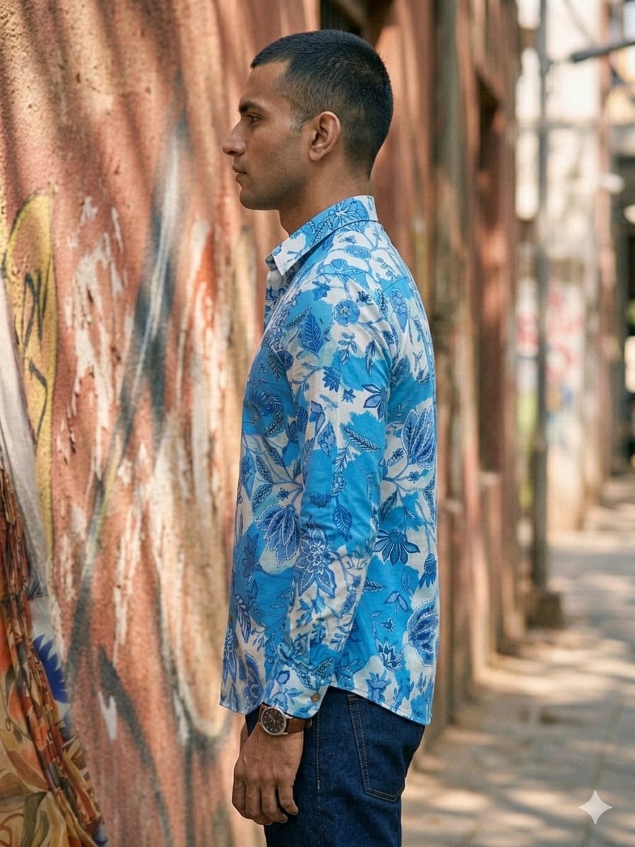 Men’s Cotton Blue Modern Chintz Printed Long Sleeve Shirt For Summer Beach and Vacation
