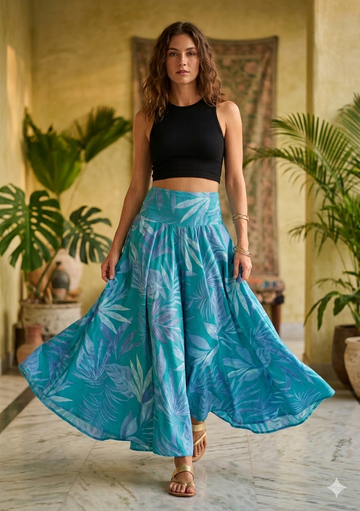 Women's Teal Tropical Leaf Print High-Waist Flared Palazzo Pants