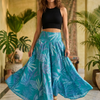 Women's Teal Tropical Leaf Print High-Waist Flared Palazzo Pants
