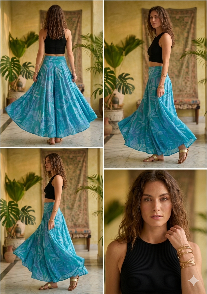 Women's Teal Tropical Leaf Print High-Waist Flared Palazzo Pants