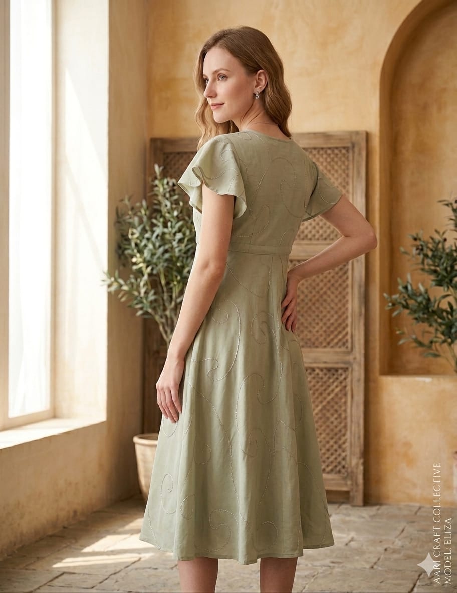 Women’s Saga Green Rayon Umbrella Style A-Line Dress with Drawstring Waist