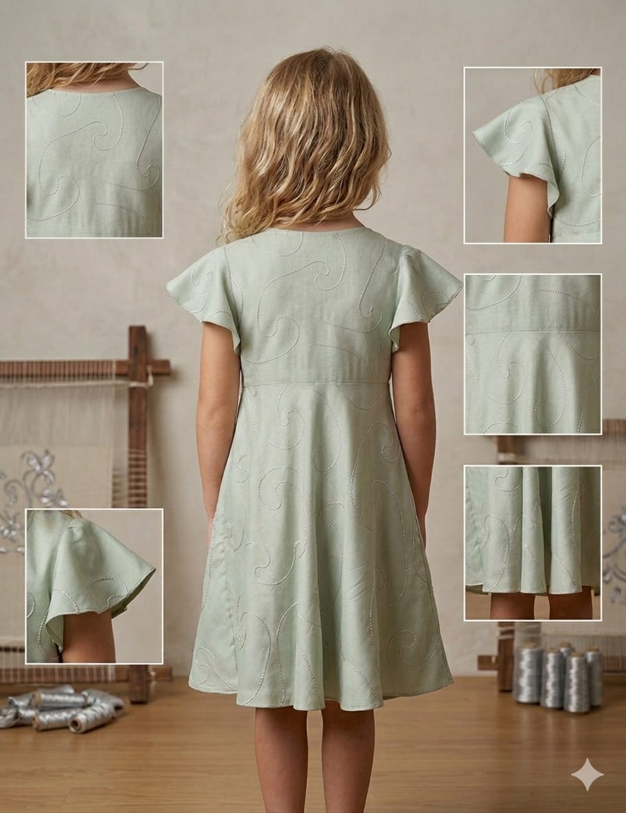 Baby Girls Saga Green Rayon Umbrella Style A-Line Dress with Drawstring Waist