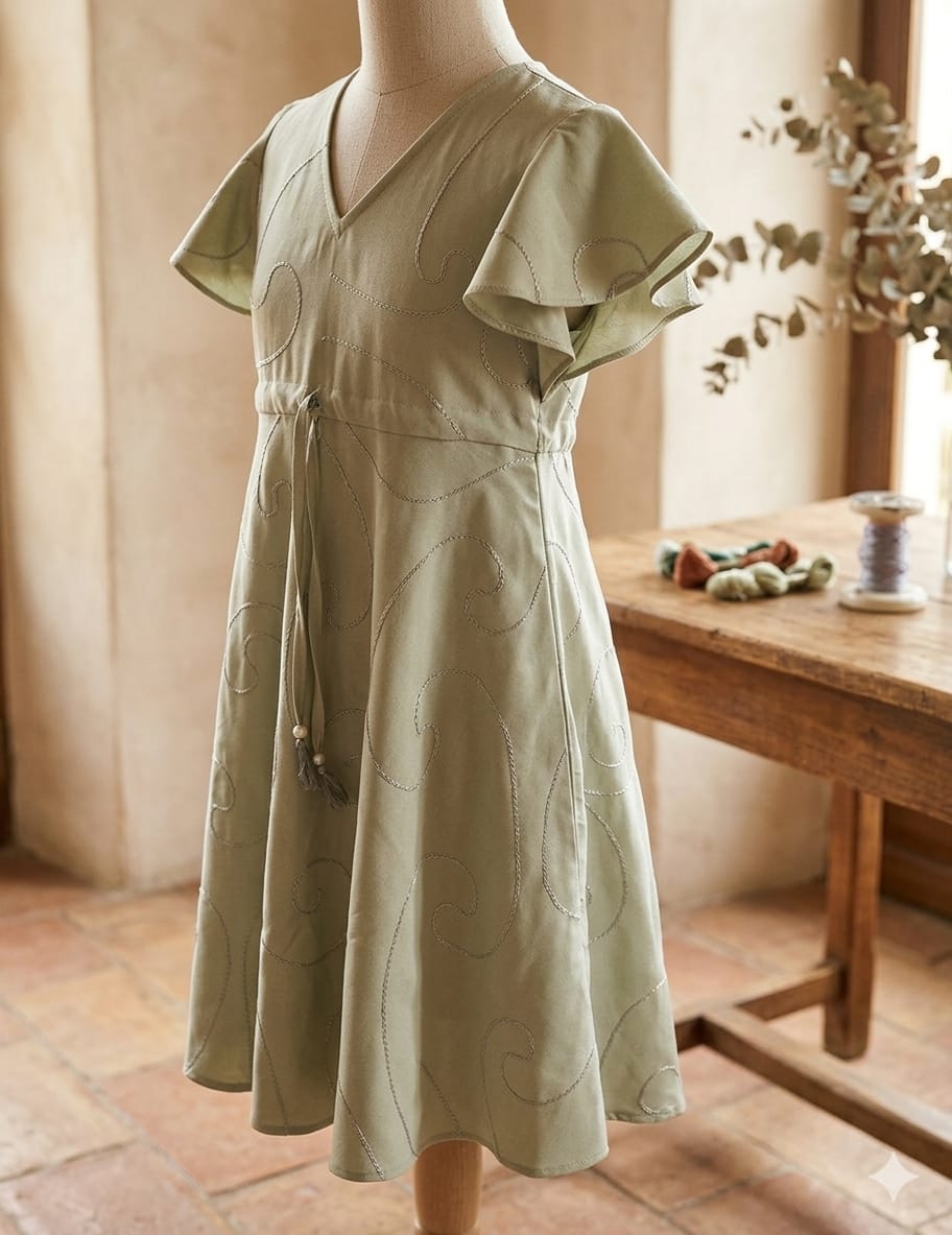 Women’s Saga Green Rayon Umbrella Style A-Line Dress with Drawstring Waist