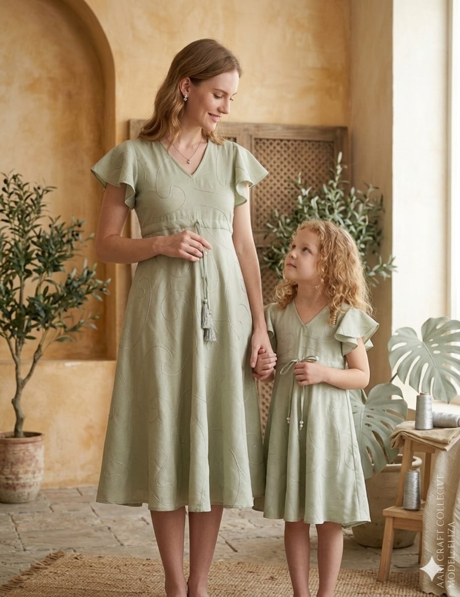 Mom & Me Saga Green Jaal Printed Chanderi Umbrella Style A-Line Dress with Drawstring Waist