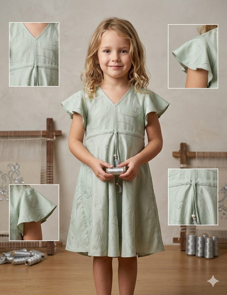 Baby Girls Saga Green Rayon Umbrella Style A-Line Dress with Drawstring Waist