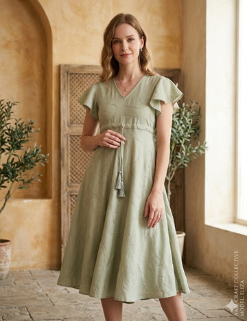 Women’s Saga Green Rayon Umbrella Style A-Line Dress with Drawstring Waist
