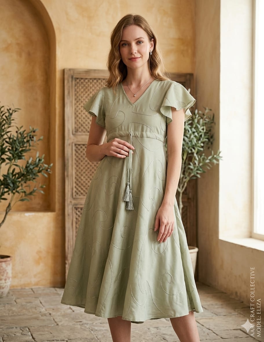 Women’s Saga Green Rayon Umbrella Style A-Line Dress with Drawstring Waist
