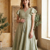 Women’s Saga Green Rayon Umbrella Style A-Line Dress with Drawstring Waist