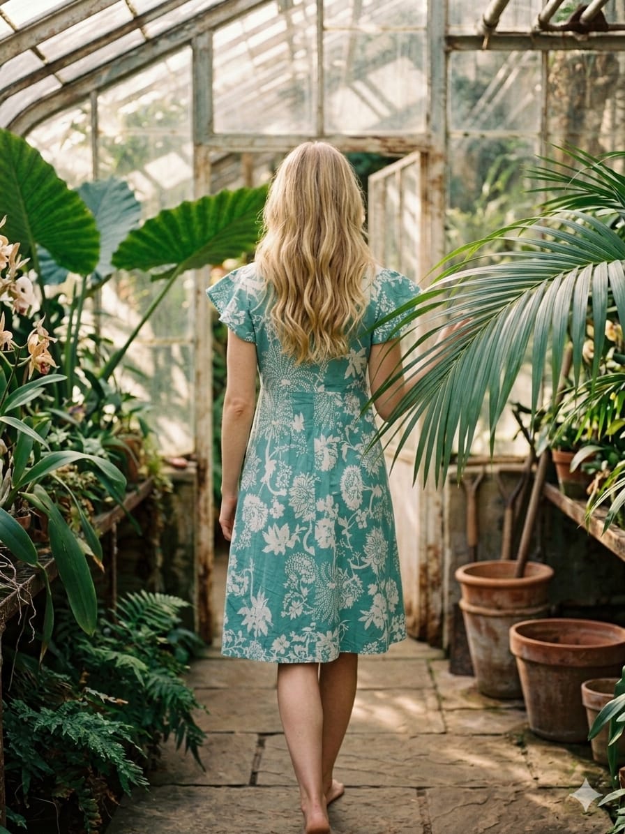 Women’s Sky Blue Floral Printed Cotton Umbrella Style A-Line Dress with Drawstring Waist