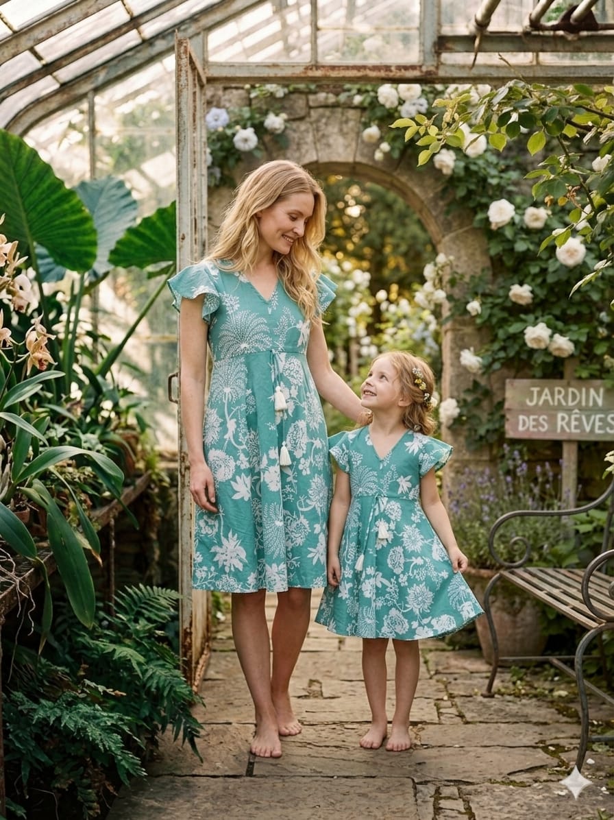 Mom & Me Sky Blue Floral Printed Cotton Umbrella Style A-Line Dress with Drawstring Waist