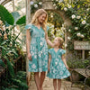 Mom & Me Sky Blue Floral Printed Cotton Umbrella Style A-Line Dress with Drawstring Waist