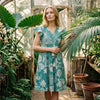 Women’s Sky Blue Floral Printed Cotton Umbrella Style A-Line Dress with Drawstring Waist