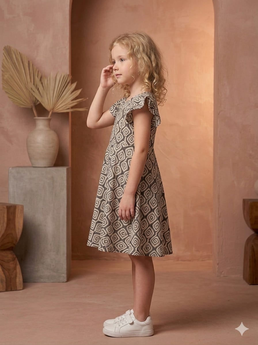 Baby Girls Black Spiral Printed Cotton Umbrella Style A-Line Dress with Flutter Sleeves
