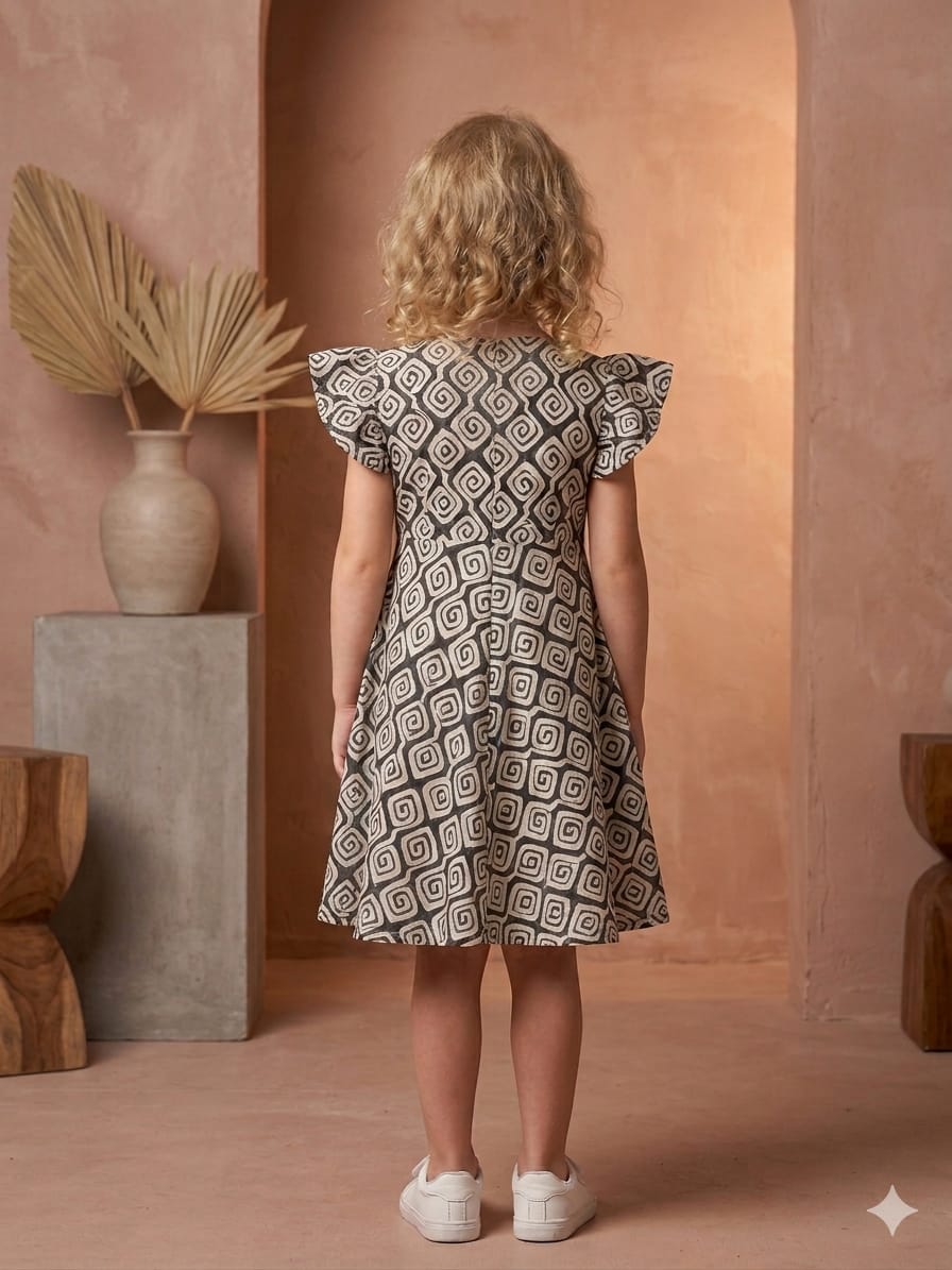 Baby Girls Black Spiral Printed Cotton Umbrella Style A-Line Dress with Flutter Sleeves