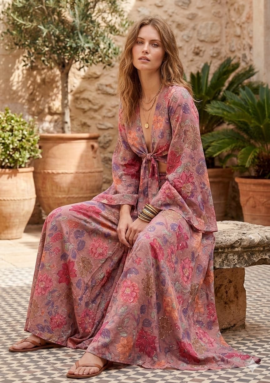 Women’s Spring Onion Printed Cotton Tie-Front Crop Top & Flared Palazzo Pant Co-ord Set